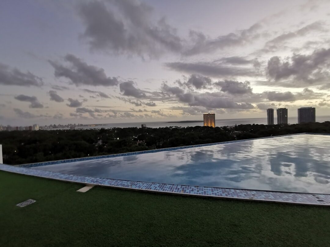 Luxury penthouse terrace overlooking the bay of Punta del Este at sunset