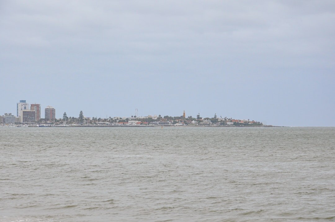 Skyline of Punta del Este peninsula between two bays at dusk